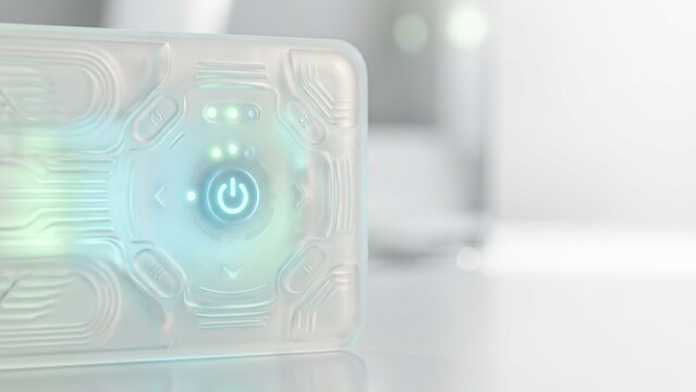 Futuristic translucent electronic device interface with glowing power button