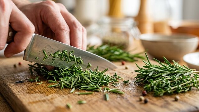 Chef Chopping Fresh Rosemary Herb on Wooden Cutting Board