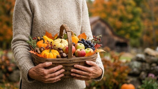 Woman Holding A Harvest Basket With Fresh Autumn Fruits And Pumpkins