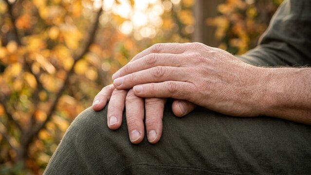 Senior man resting hands on his knee in a peaceful autumn park