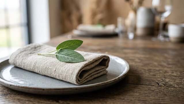 Rustic table setting with a linen napkin and fresh sage leaf on a ceramic plate
