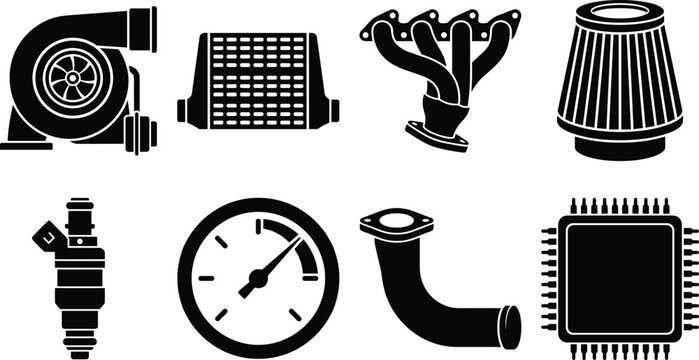 Turbocharger and Performance Parts Icon Set Black Silhouette Vector Illustration &ndash; Turbo, Intercooler, Exhaust Manifold, Air Filter, Fuel Injector, Gauge, Intake Pipe and for Automotive Tuning Design