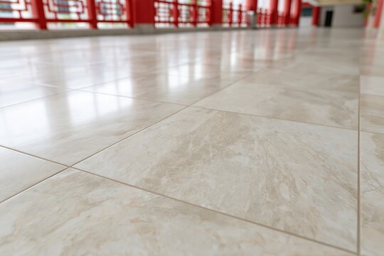 The Tiled Marble Floor Bright Corridor Perspective with Red Railings