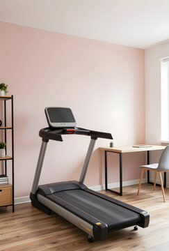 Home fitness and wellness, treadmill in a modern living room with a desk for remote work and healthy lifestyle balance in a minimalist apartment interior