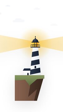 A tall lighthouse with black and white stripes emits a bright light across the sea.