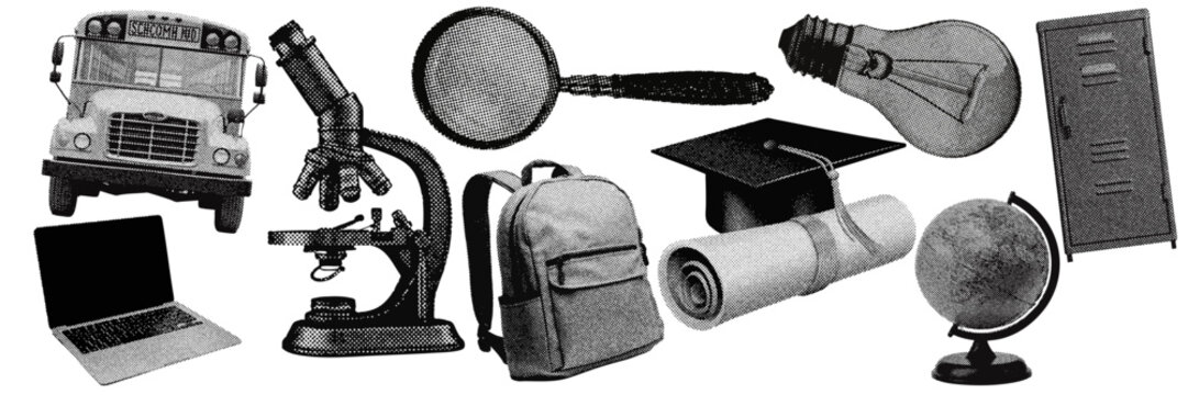 Set of school education halftone grunge vector design elements