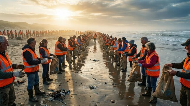 Volunteers cleaning beach shoreline at sunset for conservation.