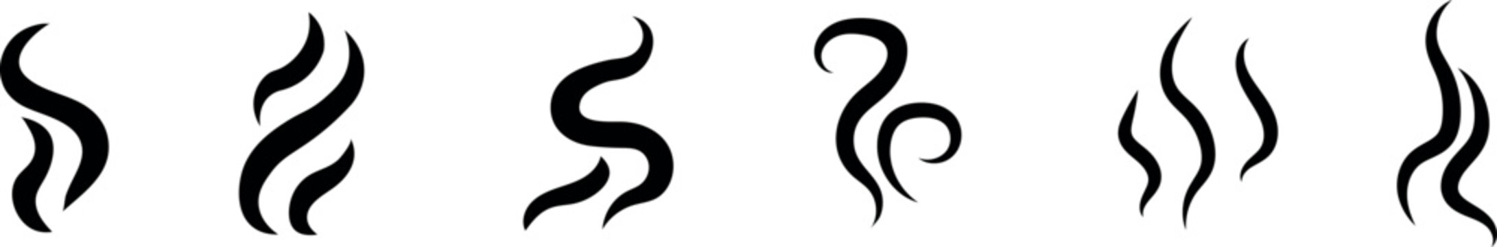 Set of black steam and smoke swirl icons for food and drink design