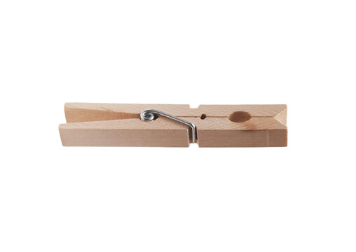 Single Wooden Clothespin Isolated on White Background
