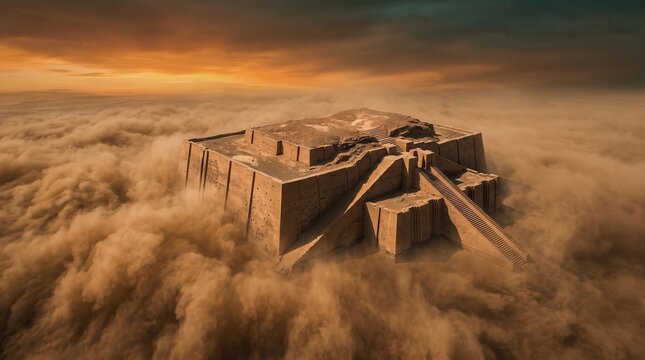 An epic aerial view of an ancient Mesopotamian ziggurat rising majestically from a vast desert landscape during a dramatic dust storm or sunset.