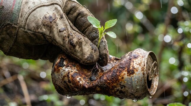 Plant seedling growing from rusted tin can.