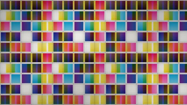Translucent Cyan Magenta Yellow Gel Tiles Sliding Over Each Other in a Square Cell Grid, Seamless Loop in rich cyan tones
