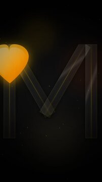 Abstract letter M with glowing heart and particles, dark background, elegant design