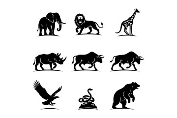 Fototapeta premium Animals silhouette collection featuring various wild creatures in black vector style isolated on white background.