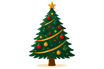 Naklejka premium Decorated Christmas tree adorned with gold ribbon garland and colorful ornaments on white background.