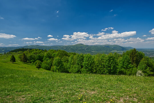 View near Zvonicka sv. Isidora in Slezske Beskydy mountains above Hradek village in Czech republic