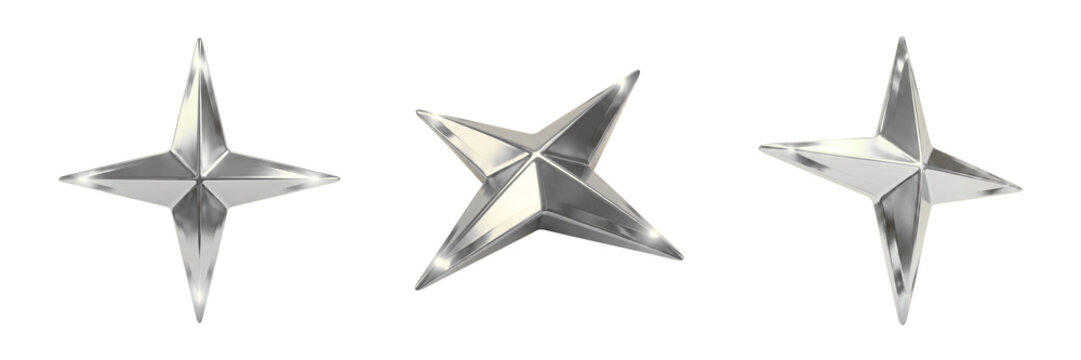 Metallic silver stars set, 3D chrome star icons, shiny steel decorative elements