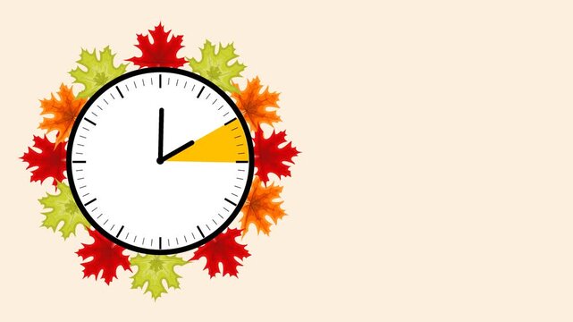 Animated Clock: Daylight Saving Time Fall Back with Autumn Leaves