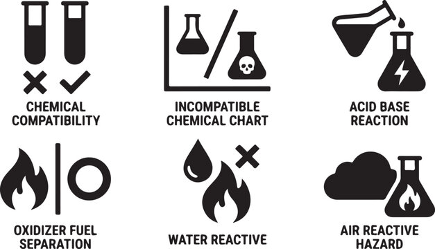 Set of black laboratory safety icons illustrating chemical compatibility, acid-base reactions, oxidizer separation, water reactivity, and air reactive hazards