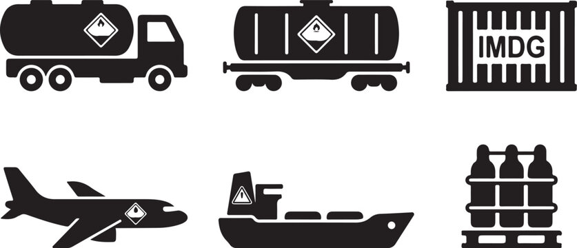 Set of black silhouette icons representing hazardous transportation, including tanker trucks, rail cars, shipping containers, cargo planes, and industrial freight ships