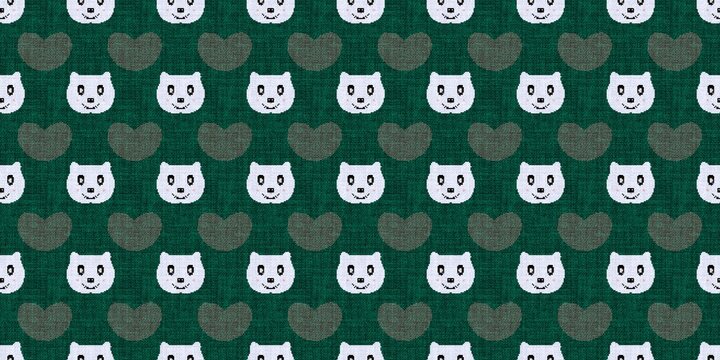  A seamless pixelated pattern featuring alternating rows of cute white bear faces and dark green hearts on a textured green background. Perfect for textile design, paper goods, and digital backgrounds