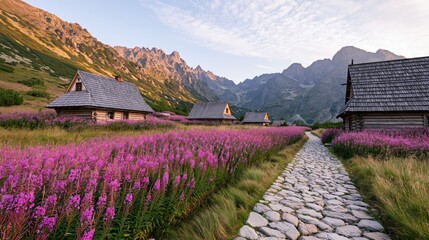 Fototapeta premium The Stone Path Through Alpine Village Toward Peaks and Purple Fields