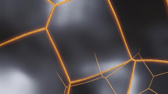 Kintsugi Gold Lacquer Repair Seams on Ceramic With Circling Burnish Glint, Seamless Loop in bright black tones