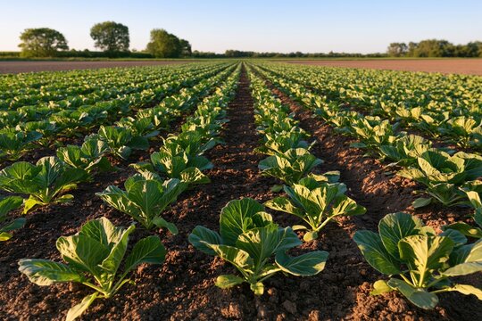 The cabbage field in neat rows under a clear blue sky and distant trees
