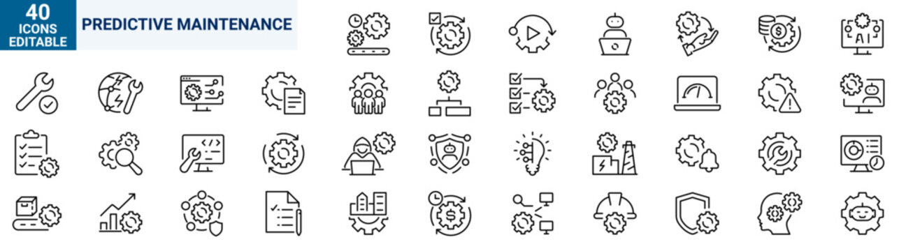 Set of 40 predictive maintenance outline icons. Linear vector icon collection featuring equipment monitoring, machine diagnostics, condition monitoring, failure prediction, industrial sensors. Editabl