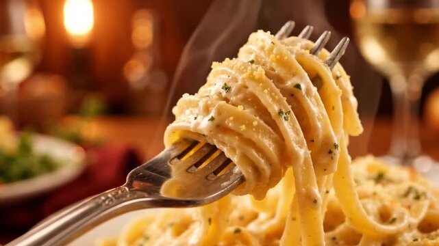 Steaming hot creamy Italian spaghetti pasta served on a fork