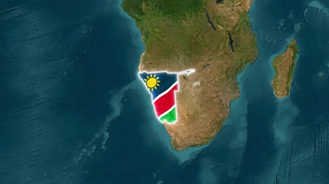 Namibia country map overlay showcasing national flag colors with glowing borders in this smooth digital motion design animation video footage
