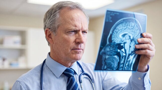 Senior doctor examining a brain scan in a medical office with inspects sagittal brain