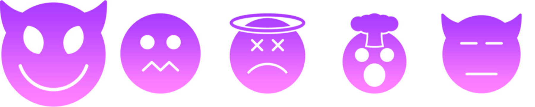 Set of purple gradient smiley face glyph icons with various expressions and emotions