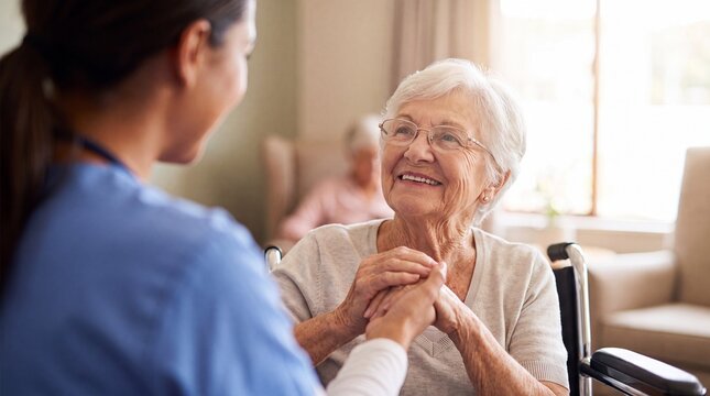 Smiling young female nurse holding hands with a happy elderly woman