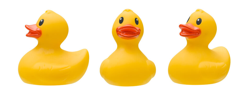 Three Yellow Rubber Ducks Set Isolated on White Background
