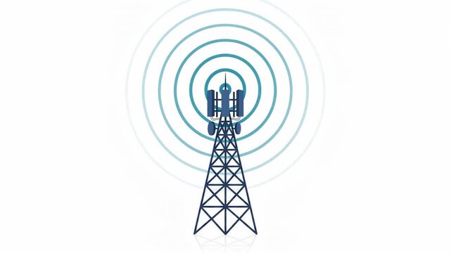 Cell tower broadcasting blue radio waves animation loop