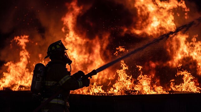 Firefighter in protective gear spraying water on a large intense structure fire