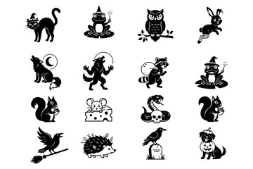 Fototapeta premium Set of black and white halloween themed animal silhouettes featuring cats owls rabbits and spooky creatures