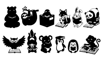 Naklejka premium Funny Animal Book Lovers Reading and Education Cartoon Vector Characters