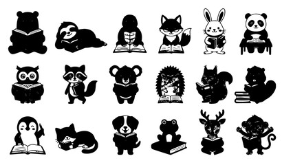 Naklejka premium Cute Animal Characters Reading Studying and Learning Cartoon Vector Collection