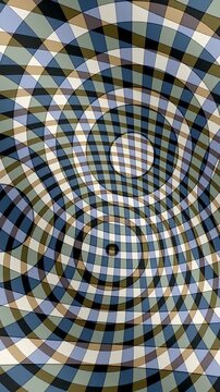 Warped Check Lattice Rolling Through a Circle Inversion, Retro Op Art Geometric Motion Background Seamless Loop in rich bone tones vertical 9:16