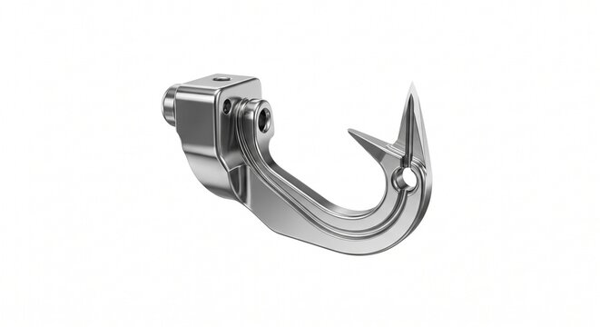 Macro of a hardened steel industrial overlock sewing machine looper arm. Polished micro-machined garment manufacturing hardware on white.