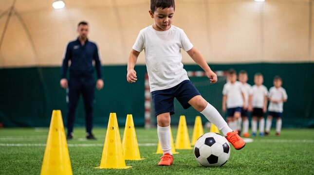 Young boy practicing soccer ball dribbling with cones in indoor sports facility