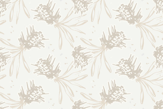 Boho chic scandinavian floral seamless pattern. Botanical japandi Neutral cream offwhite ivory ecru modern home minimalist background. 