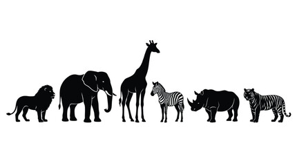 Fototapeta premium Wildlife silhouettes lined up horizontally against a plain white background.