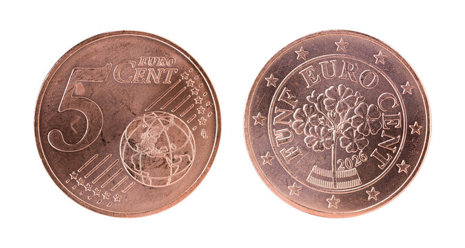 Austrian 5 Euro Cent Coin Both Sides Macro View Isolated on White