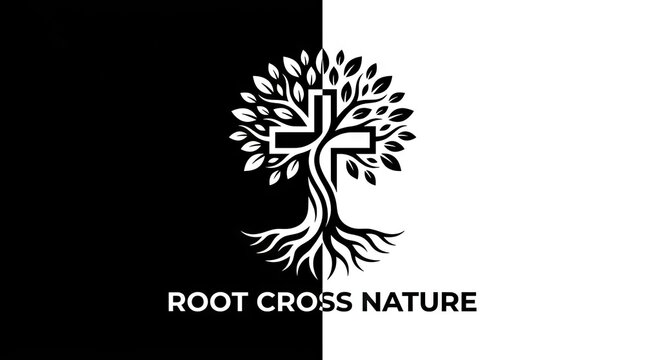 Religious tree logo with roots forming a cross symbol