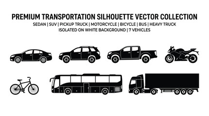 Fototapeta premium Vehicle silhouettes collection displays automobiles on a white background.