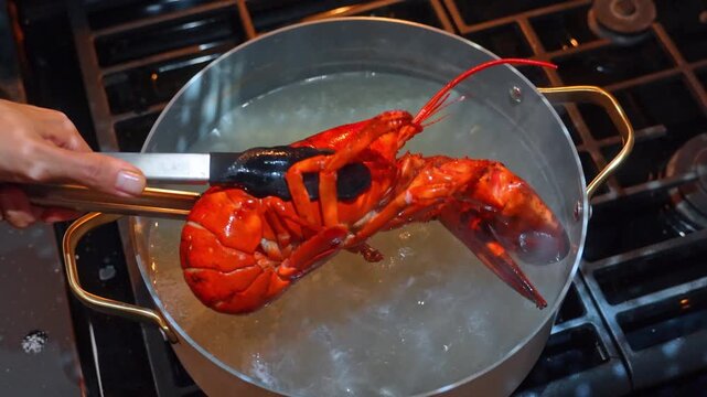 Tongs lifting cooked red lobster out of pot. Water drips from the seafood held above a metal pan on a dark stove.