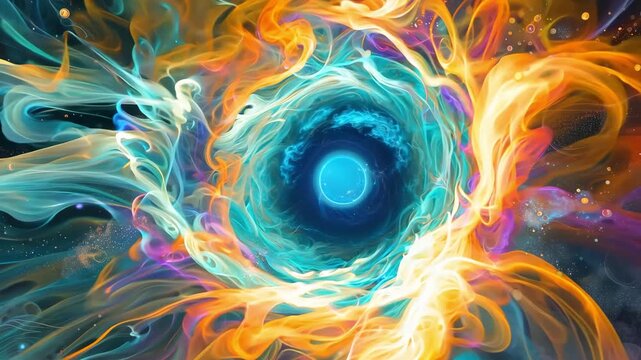 Abstract fiery vortex with glowing blue eye at center surrounded by orange flames, dynamic energy concept, magical portal, dramatic cosmic swirl, vivid motion.